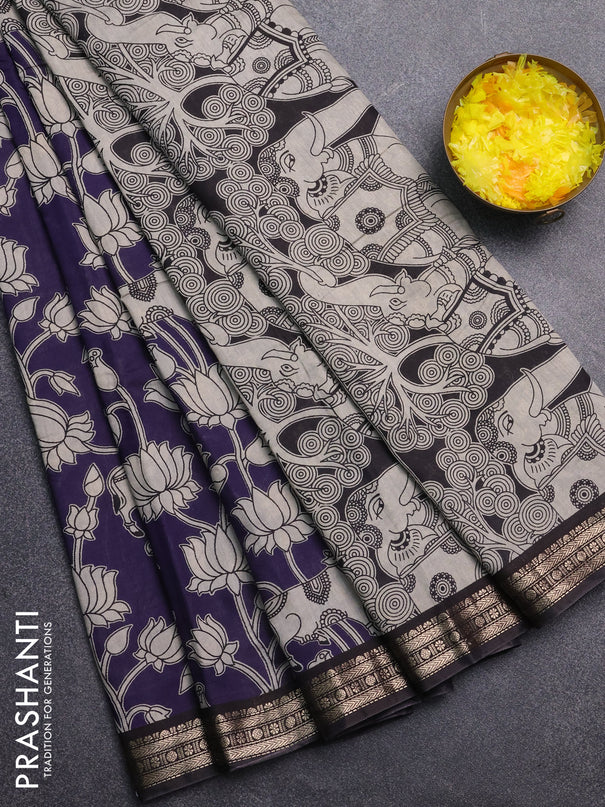 Muslin silk saree deep violet and black with allover pichwai prints and zari woven border