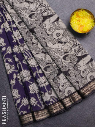 Muslin silk saree deep violet and black with allover pichwai prints and zari woven border
