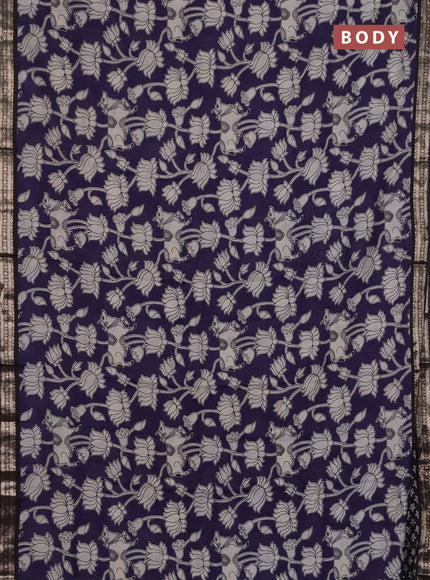 Muslin silk saree deep violet and black with allover pichwai prints and zari woven border