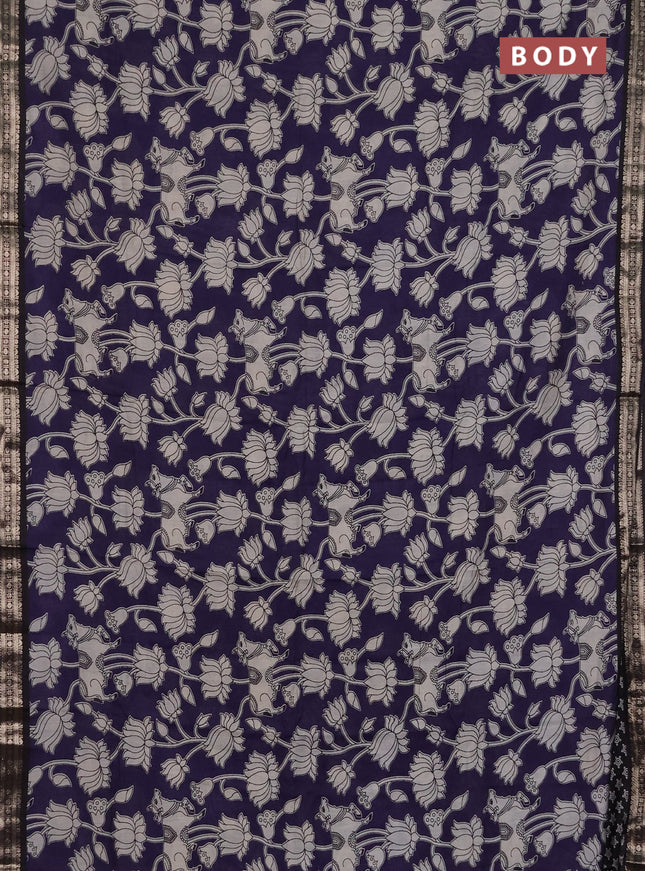 Muslin silk saree deep violet and black with allover pichwai prints and zari woven border