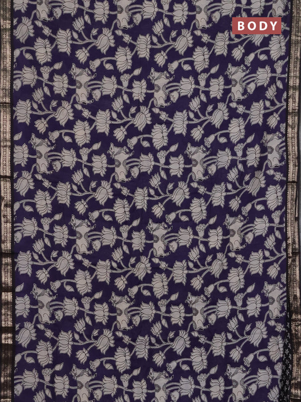Muslin silk saree deep violet and black with allover pichwai prints and zari woven border