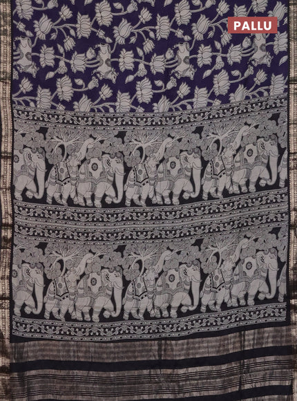 Muslin silk saree deep violet and black with allover pichwai prints and zari woven border
