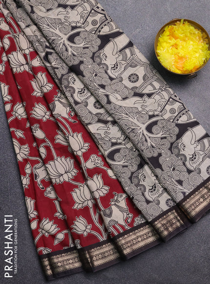 Muslin silk saree deep maroon and black with allover pichwai prints and zari woven border