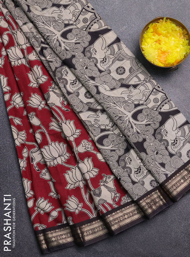 Muslin silk saree deep maroon and black with allover pichwai prints and zari woven border