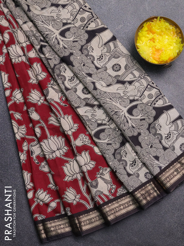 Muslin silk saree deep maroon and black with allover pichwai prints and zari woven border
