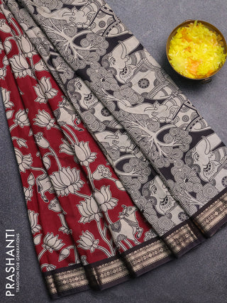 Muslin silk saree deep maroon and black with allover pichwai prints and zari woven border
