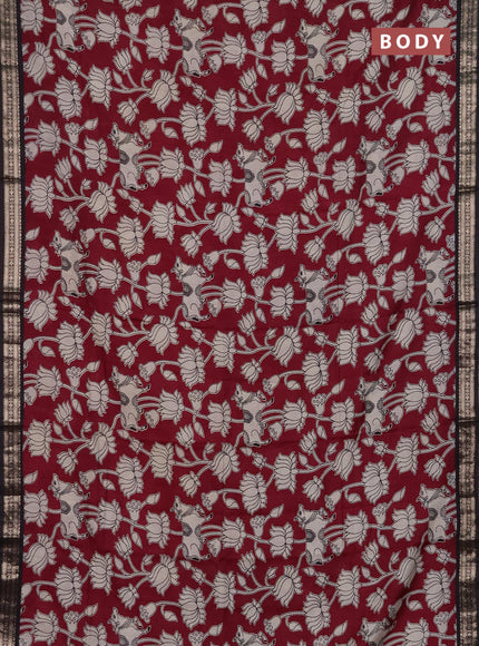 Muslin silk saree deep maroon and black with allover pichwai prints and zari woven border