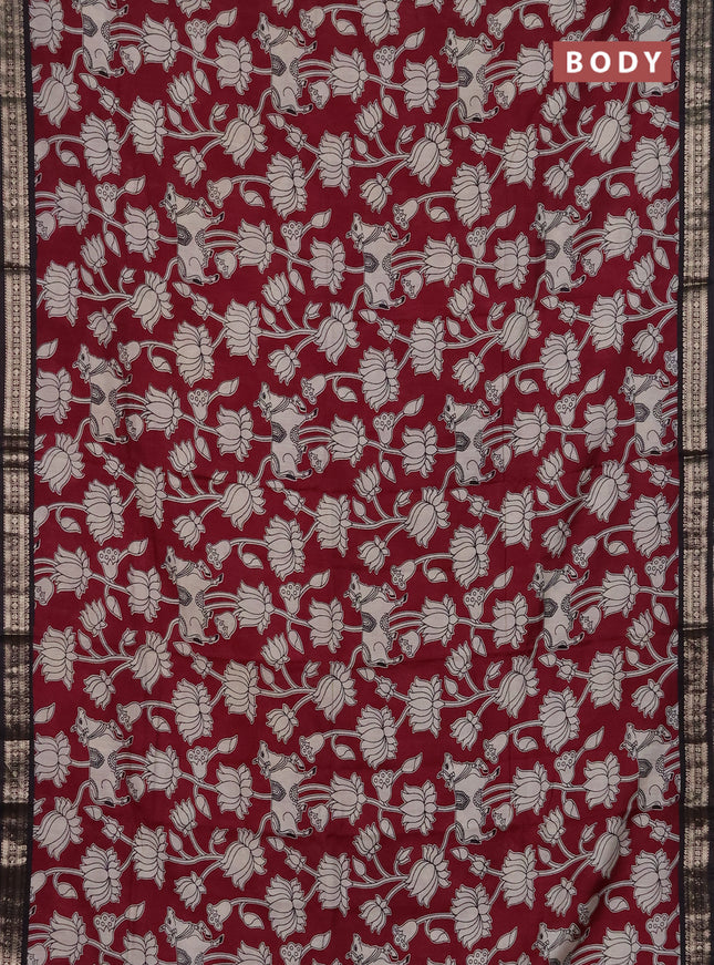 Muslin silk saree deep maroon and black with allover pichwai prints and zari woven border