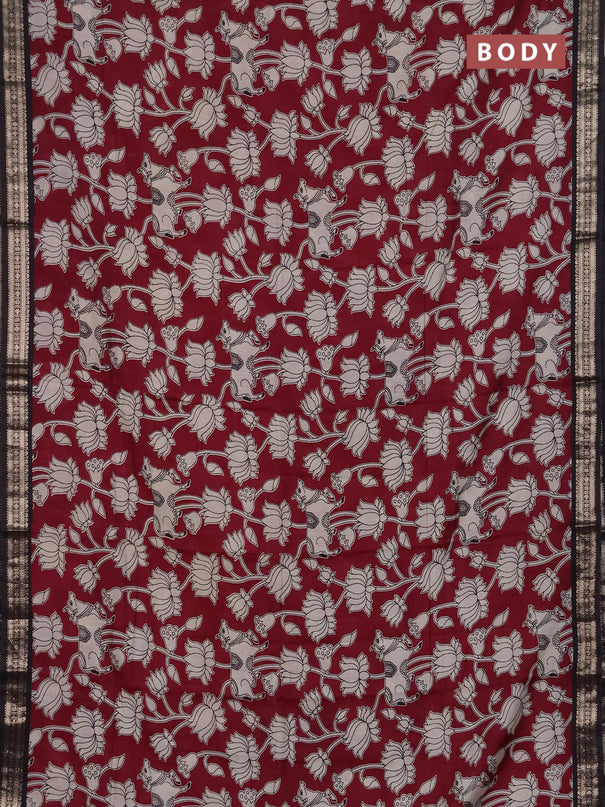 Muslin silk saree deep maroon and black with allover pichwai prints and zari woven border