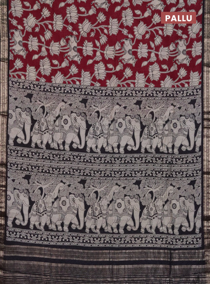 Muslin silk saree deep maroon and black with allover pichwai prints and zari woven border