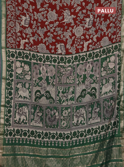 Muslin silk saree rust shade and green with allover kalamkari prints and zari woven border