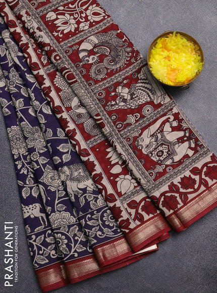Muslin silk saree deep jamun and maroon with allover kalamkari prints and zari woven border