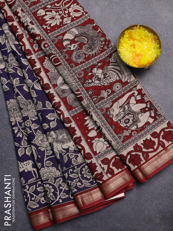 Muslin silk saree deep jamun and maroon with allover kalamkari prints and zari woven border