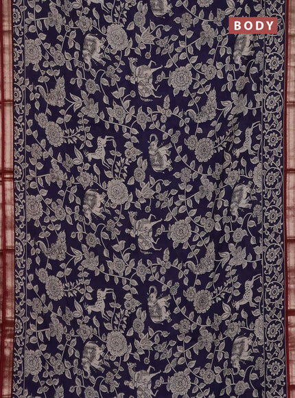 Muslin silk saree deep jamun and maroon with allover kalamkari prints and zari woven border