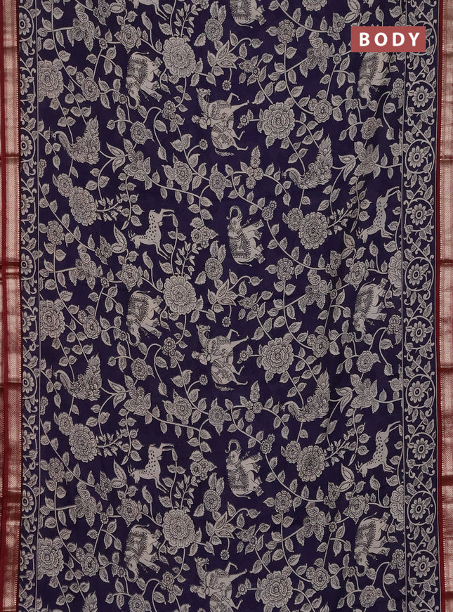 Muslin silk saree deep jamun and maroon with allover kalamkari prints and zari woven border
