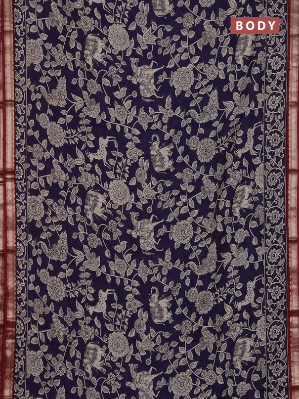 Muslin silk saree deep jamun and maroon with allover kalamkari prints and zari woven border