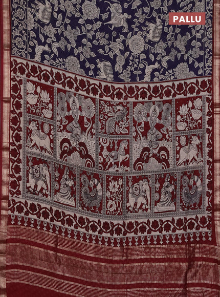 Muslin silk saree deep jamun and maroon with allover kalamkari prints and zari woven border