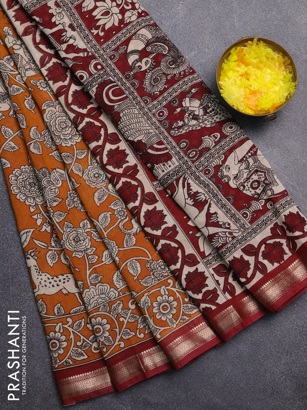 Muslin silk saree dark mustard and maroon with allover kalamkari prints and zari woven border