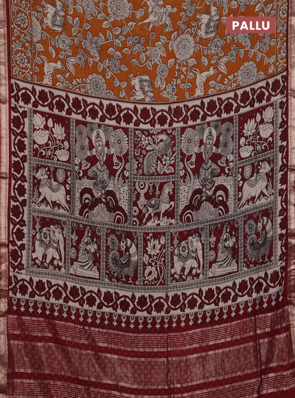 Muslin silk saree dark mustard and maroon with allover kalamkari prints and zari woven border