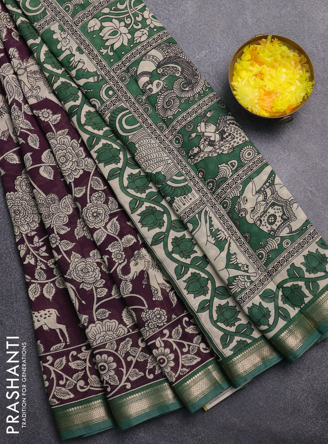 Muslin silk saree deep wine and green with allover kalamkari prints and zari woven border