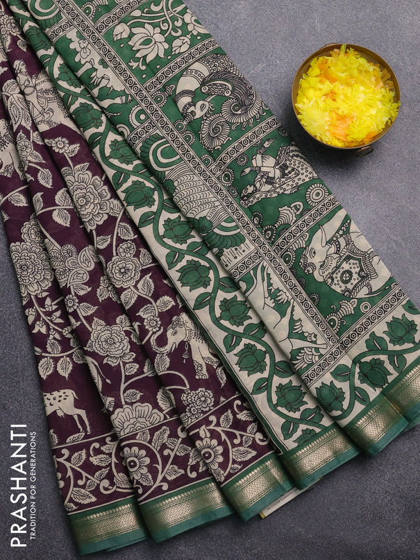 Muslin silk saree deep wine and green with allover kalamkari prints and zari woven border