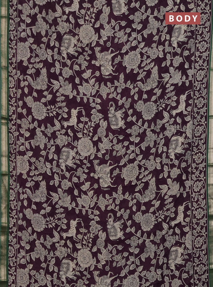 Muslin silk saree deep wine and green with allover kalamkari prints and zari woven border