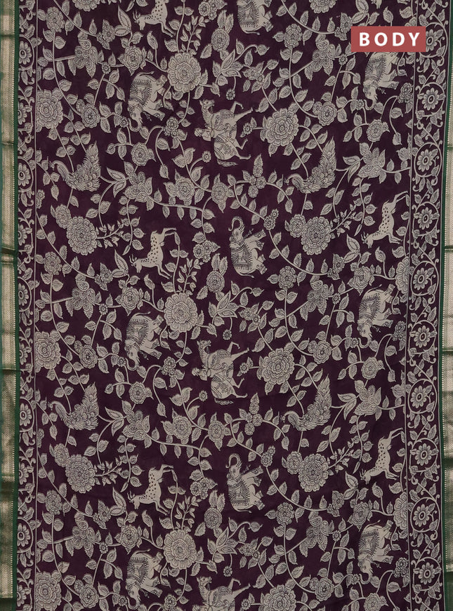 Muslin silk saree deep wine and green with allover kalamkari prints and zari woven border