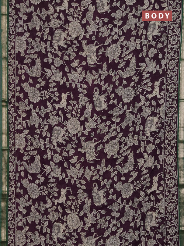 Muslin silk saree deep wine and green with allover kalamkari prints and zari woven border