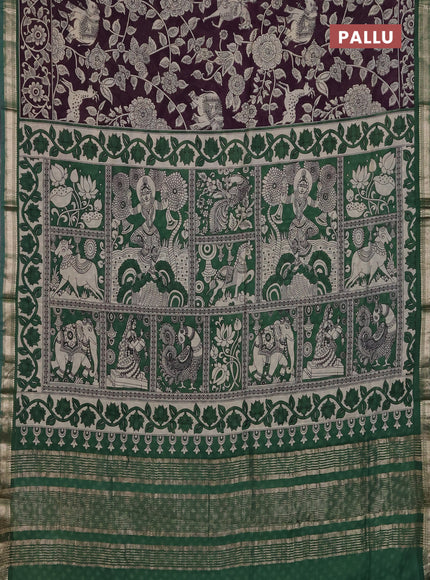 Muslin silk saree deep wine and green with allover kalamkari prints and zari woven border