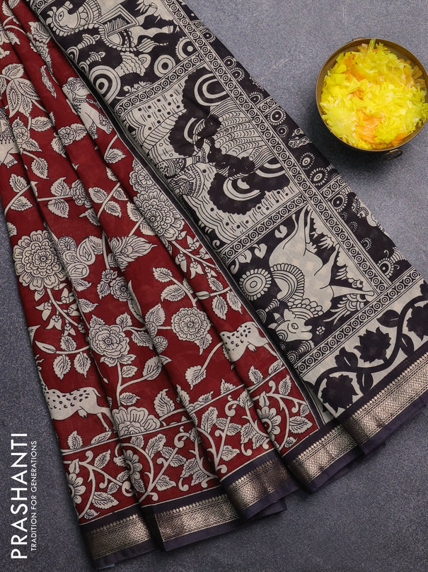 Muslin silk saree deep maroon and black with allover kalamkari prints and zari woven border