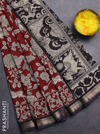 Muslin silk saree deep maroon and black with allover kalamkari prints and zari woven border