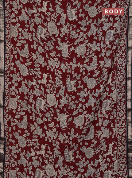 Muslin silk saree deep maroon and black with allover kalamkari prints and zari woven border