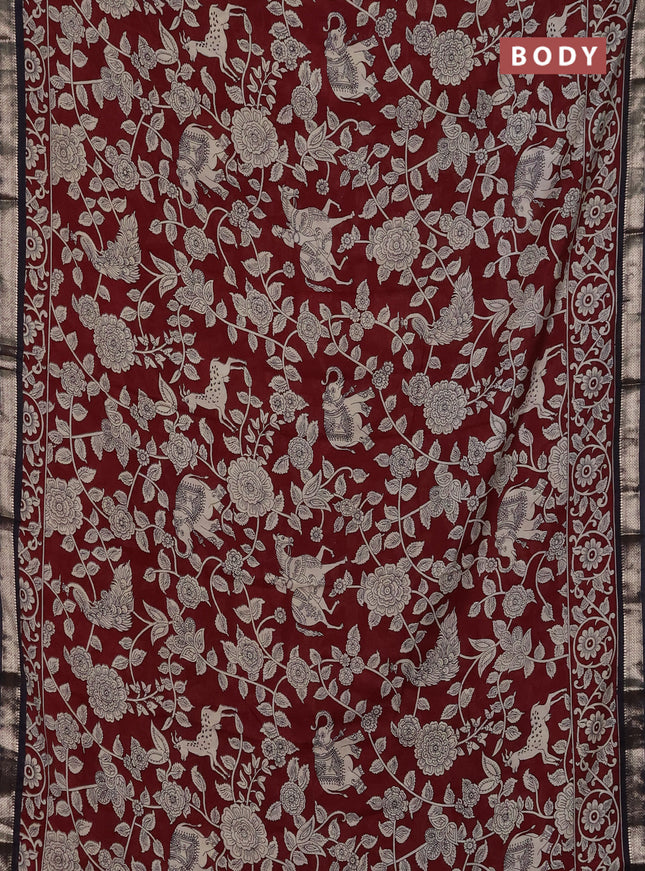 Muslin silk saree deep maroon and black with allover kalamkari prints and zari woven border