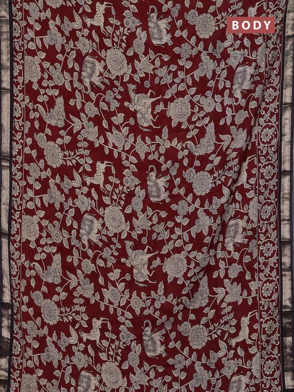 Muslin silk saree deep maroon and black with allover kalamkari prints and zari woven border