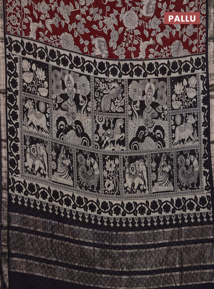 Muslin silk saree deep maroon and black with allover kalamkari prints and zari woven border