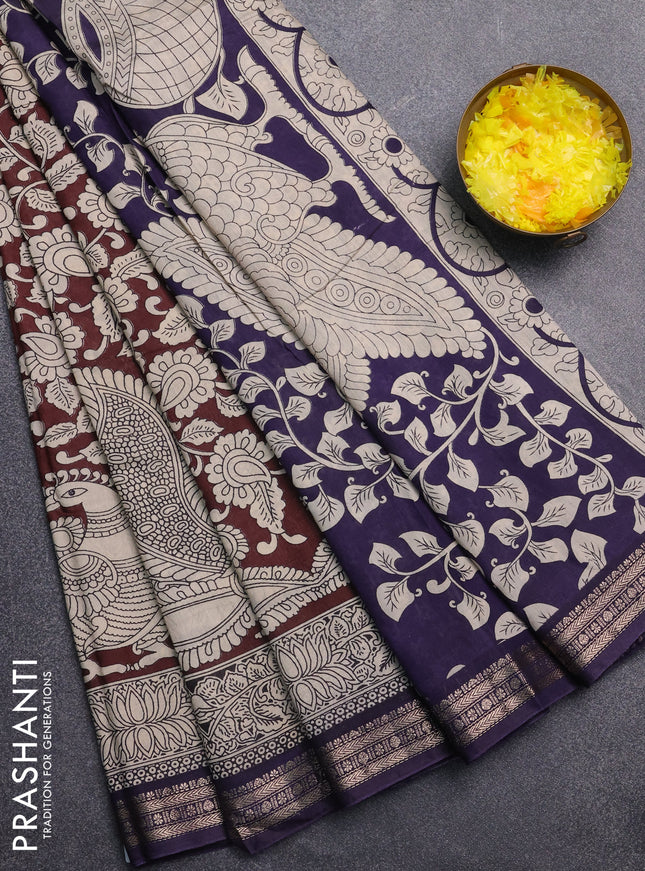 Muslin silk saree coffee brown and navy blue with allover kalamkari prints and zari woven border
