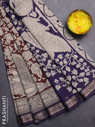 Muslin silk saree coffee brown and navy blue with allover kalamkari prints and zari woven border