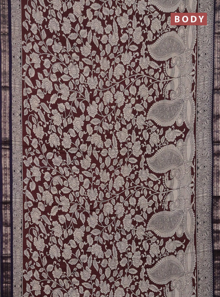 Muslin silk saree coffee brown and navy blue with allover kalamkari prints and zari woven border