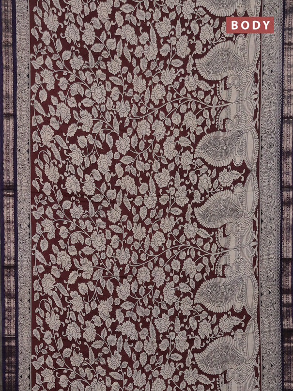 Muslin silk saree coffee brown and navy blue with allover kalamkari prints and zari woven border