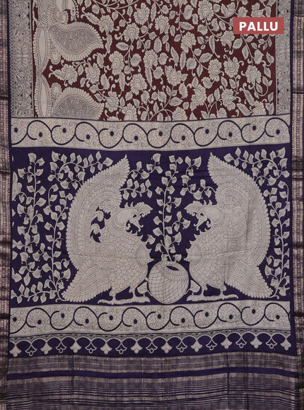 Muslin silk saree coffee brown and navy blue with allover kalamkari prints and zari woven border
