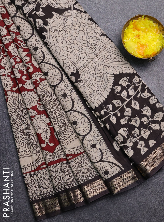 Muslin silk saree deep maroon and black with allover kalamkari prints and zari woven border