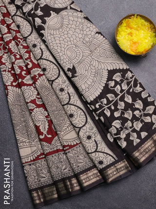 Muslin silk saree deep maroon and black with allover kalamkari prints and zari woven border