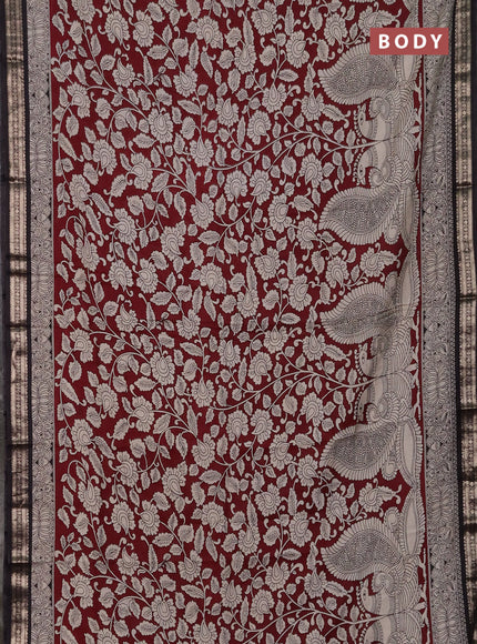 Muslin silk saree deep maroon and black with allover kalamkari prints and zari woven border