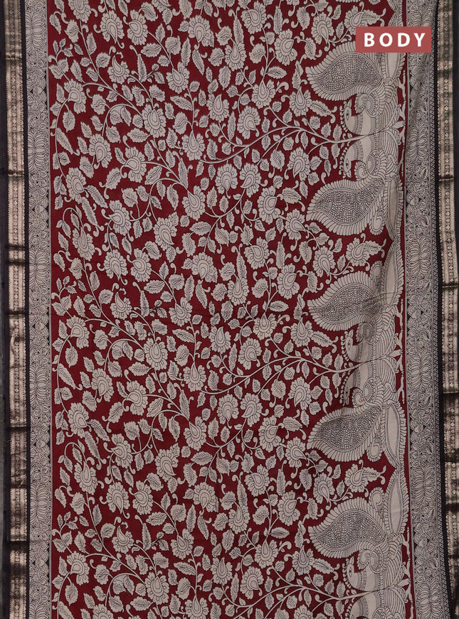 Muslin silk saree deep maroon and black with allover kalamkari prints and zari woven border