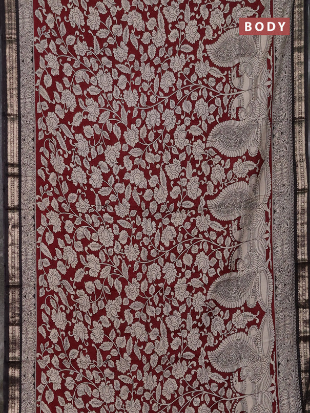 Muslin silk saree deep maroon and black with allover kalamkari prints and zari woven border