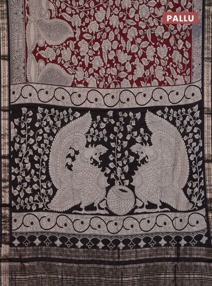 Muslin silk saree deep maroon and black with allover kalamkari prints and zari woven border