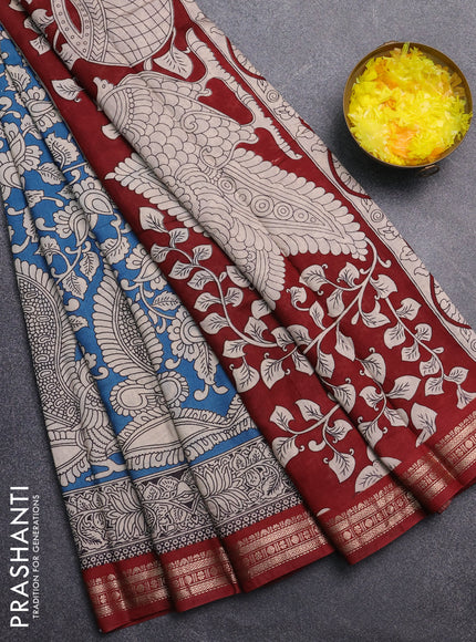 Muslin silk saree cs blue and maroon with allover kalamkari prints and zari woven border