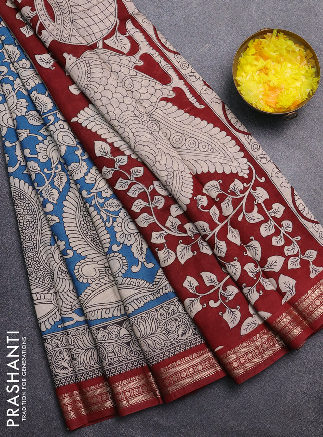 Muslin silk saree cs blue and maroon with allover kalamkari prints and zari woven border