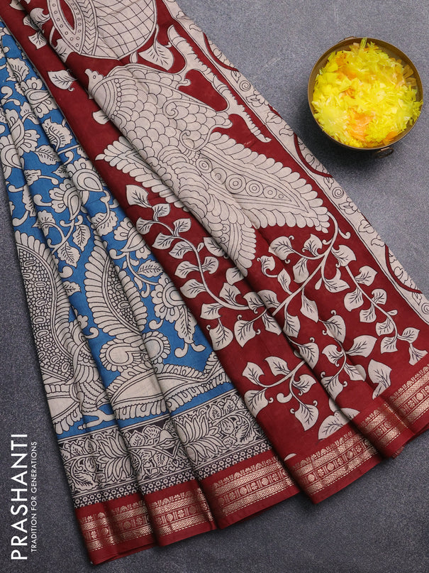 Muslin silk saree cs blue and maroon with allover kalamkari prints and zari woven border