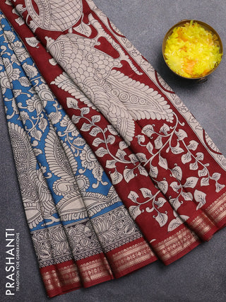 Muslin silk saree cs blue and maroon with allover kalamkari prints and zari woven border